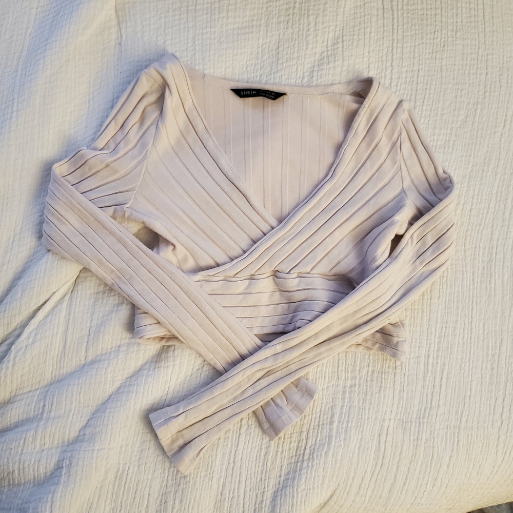 Shein Long sleeve ribbed Wrap Top Crop baby pink cropped size small